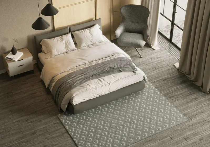 Chevron natural taupe wool carpet in a bedroom